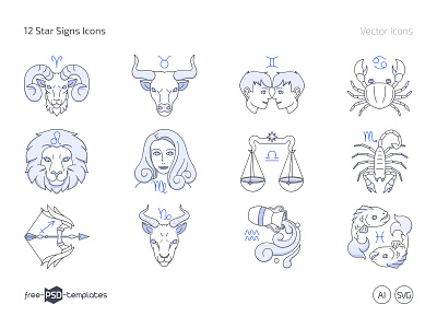 Free 12 Star Signs Icon Set (AI, SVG, PNG) free free icon set free icons free vector icons freebie icon icon pack icon set icons photoshop psd star sign star signs template templates zodiac zodiac icon