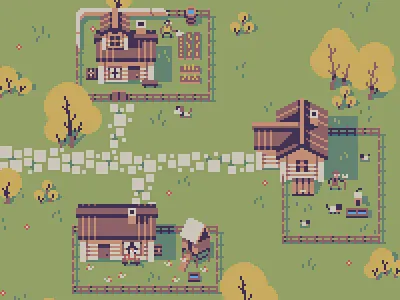 Entirety of the tiny hamlet! 16bit 8bit chillart chillcolors environment design farmhouse gameart illustration lowres minimalistart minimalistic pixel art pixelart retroart rpgart tinyart tinypixels topdown village