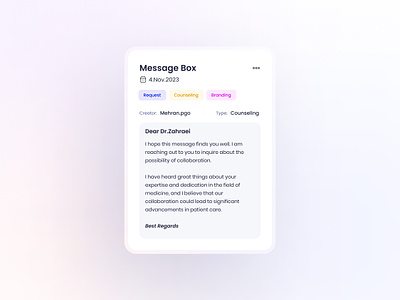 Message Box app app design calendar component dashboard date email light mood massage massage box minimal minimal design modul product tag text box title ui ux ux design