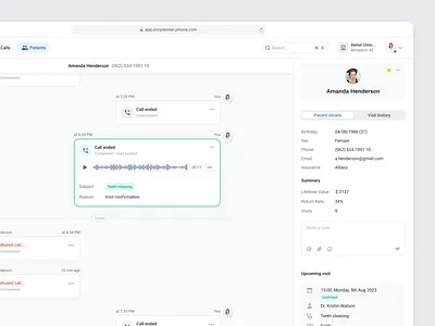 Docplanner Phone - Patient details book visit call back clinic contact details patient details patient history phone number receiving calls reception recording timeline