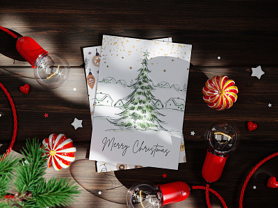 Christmas Holiday Greeting Card Mockup PSD a5 card christmas garland greeting holiday lights mockup paper postal postcard
