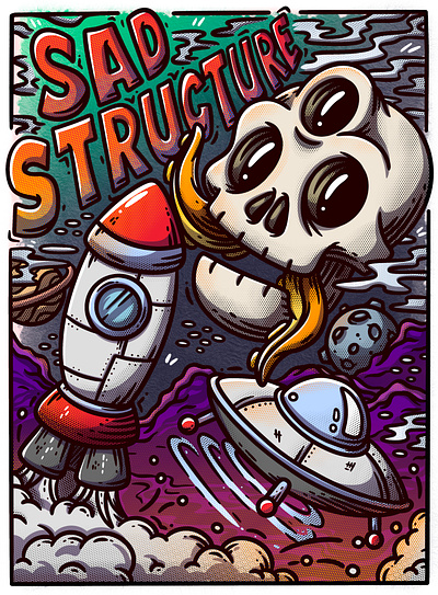 Out of this world alien art character dark design draw graphic halftone illustration out of this world planets rocket rocks skeleton skull solar system space ufo