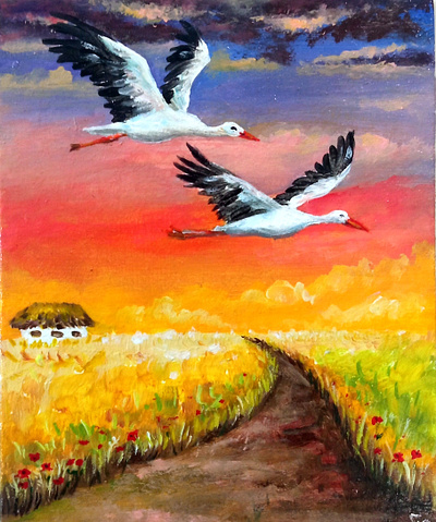 Original acrylic Ukrainian painting, Nature and Storks, Birds, art birds hand painted nature paint painting peace and freedom ukraine