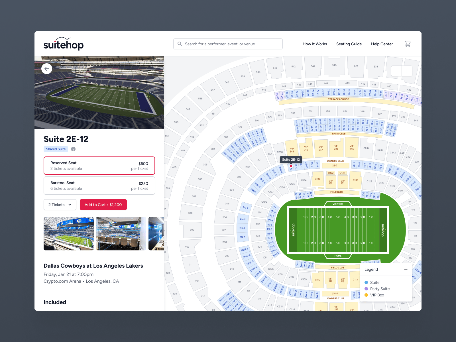 Private suite listing 3d viewer detail page event event details football interactive map list map photo gallery private suite seating chart side bar split view sports game suite tickets venue map