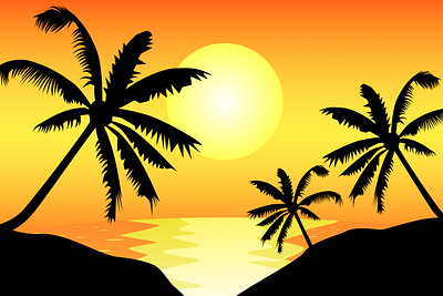 Sunset illustration palm sea seascape summer sun sunset vector