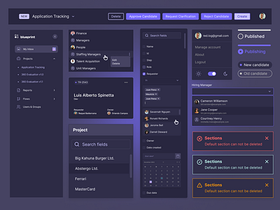 Blueprint - Process tracking dark mode alerts application tracking awesome buttons components dark darkmode datapicker elements filters flows picker process process tracking profile purple system tooggle track ui