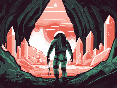 Space Cave adventure astronaut cave halftone illustration space