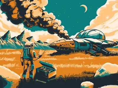 Space Repairs adventure halftone illustration planet repairs space space ship