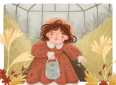 In greenhouse art characters cute design digital illustration drawing fall flowers girl illustration leaf