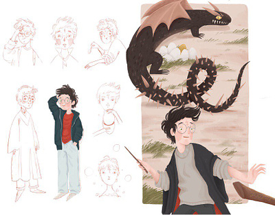 Harry Potter - character design art book book illustrations character design characters children illustration cute design dragon harry potter hogwarts illustration sketch
