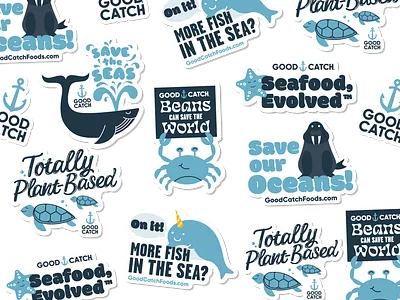 Good Catch Stickers branding characters cpg creature design food graphic design icons illustration seafood vector vegan