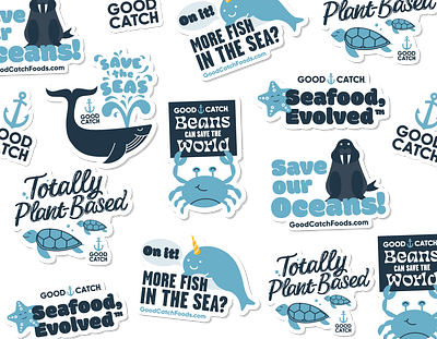 Good Catch Stickers branding characters cpg creature design food graphic design icons illustration seafood vector vegan