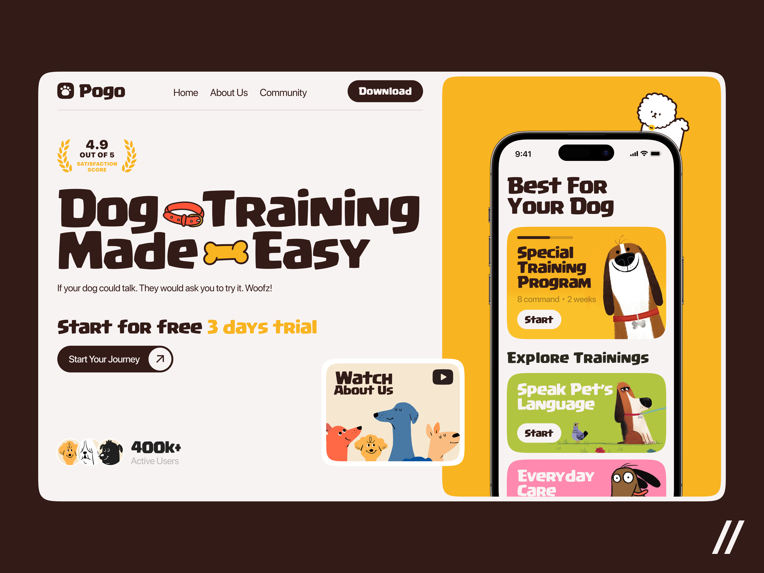 Dog Training Web Platform animation chat coaches design dog education homepage landing learning motion study teaching train training ui ux web web interaction website