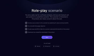Concept Role-play landing + popover ai analysis black black theme clean clean ui customer dark dark theme landing landing page marketing product design role play sales site ui ux web website
