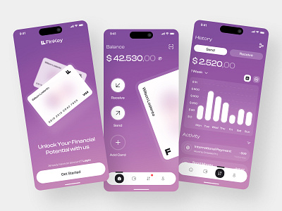 Finkey - Wallet Finance App app bank app banking card clean credit card design finance finance app fintech app future mobile mobile app design modern money purple savings transaction ui wallet