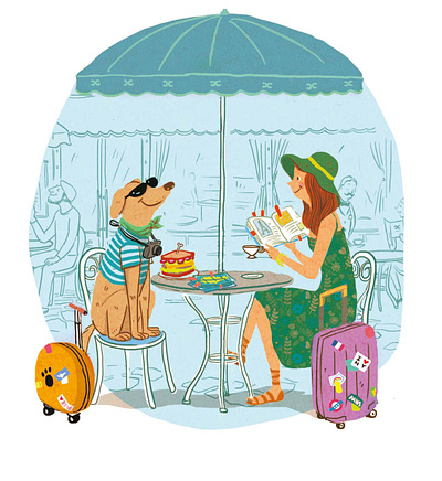 Yes, you can take your pet on vacation cafe coffee dog editorial france girl holiday illustration leisure luggag pet puppy relax travel vacation