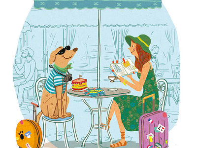 Yes, you can take your pet on vacation cafe coffee dog editorial france girl holiday illustration leisure luggag pet puppy relax travel vacation