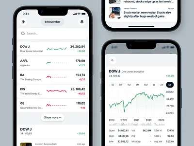 Finster: Stocks Page Mobile App Fintech Banking bank banking chart credit card crypto ewallet finance financial fintech graphic investing investment market mobile banking money stock stocks tracking trading wallet