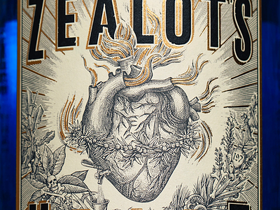 Zealot's Heart Label Illustrated by Steven Noble artwork conceptual art design engraving etching illustration ink label line art linocut logo packaging pen and ink scratchboard steven noble woodcut zealots heart gin