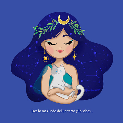 Luna cat cosmic cute girl illustration ilustracion moon organic procreate stars
