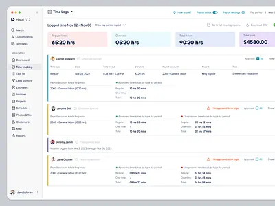 Time Tracking - Time Logs approve clean complex saas web app design dashboard enterprise app labor app overtime saas service management app sidebar time logs time tracking ui ux web design work details