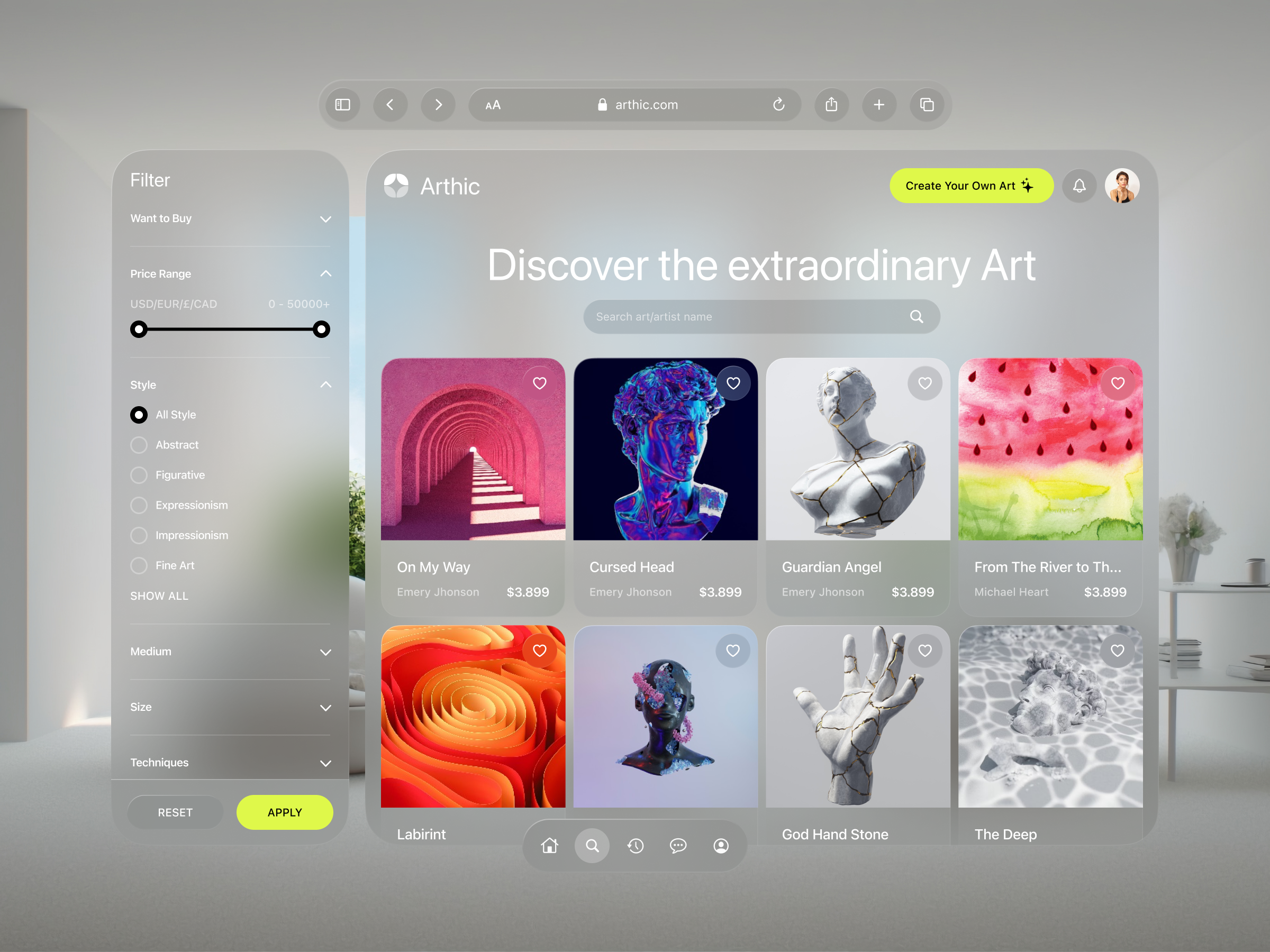 Arthic - Spatial Art Marketplace 3d ai app apple vision art art gallery artists artworks blur dashboard ecommerce gallery marketplace spartial concept spartial design ui vision os vision pro website website marketplace