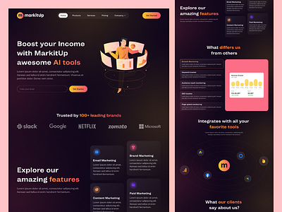 MarkitUp - Digital Marketing Agency Landing Page adobe xd ai landing page ai website dark mode figma gradient landing page landing ui marketing agency pink ui ui design ux design web design website yellow