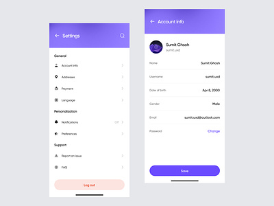 Daily UI Challenge :: Settings account info account information app designer app settings daily ui daily ui settings dailyui 007 general settings log out purple settings ui design uiux uiux design uiux designer user experience ux