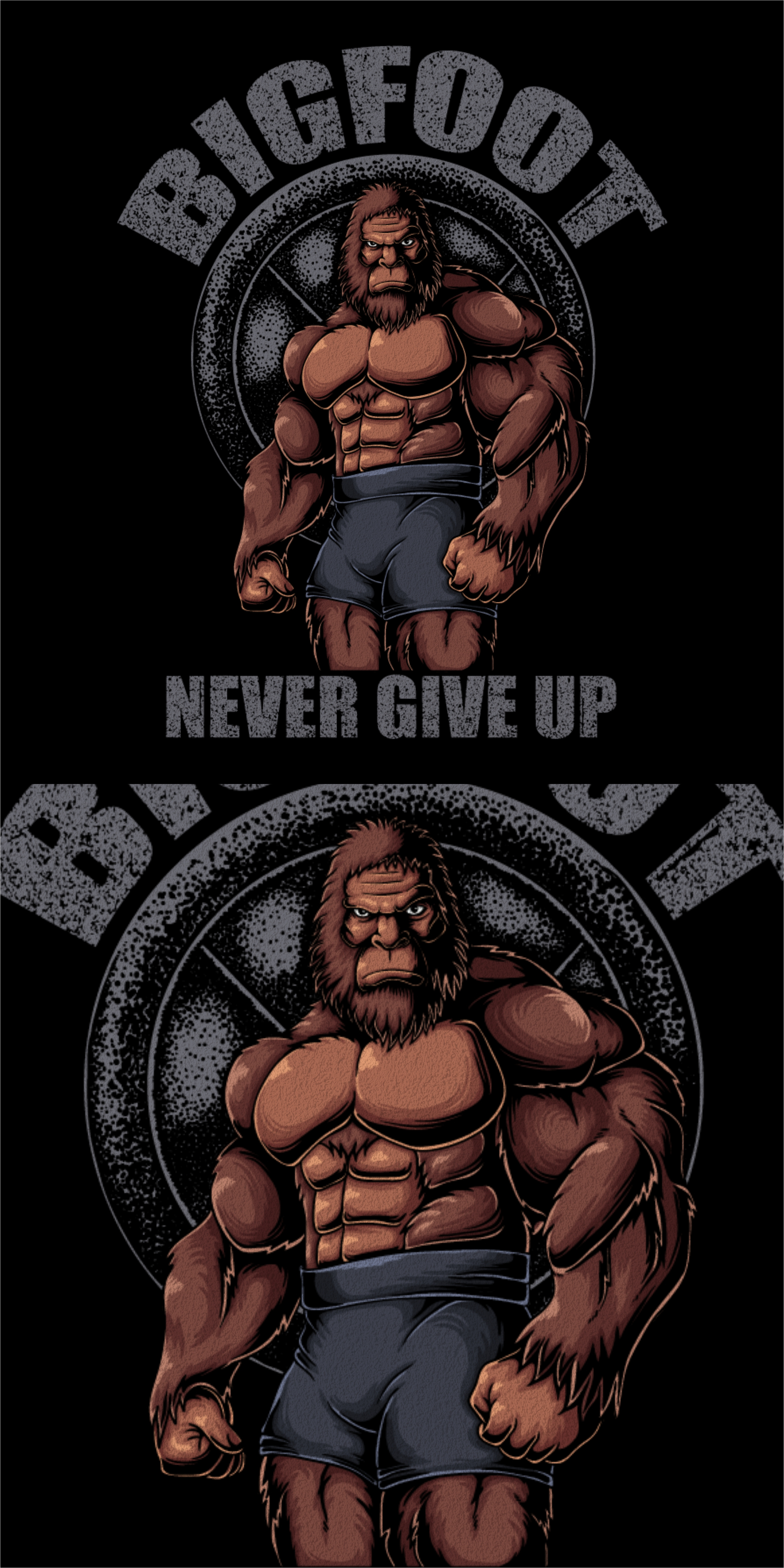 Bigfoot body building character ( For sale ) artwork bigfoot character cool gym illustration logo print retro sasquatch shirt sport sports strong t shirt t shirt design vector vintage workout