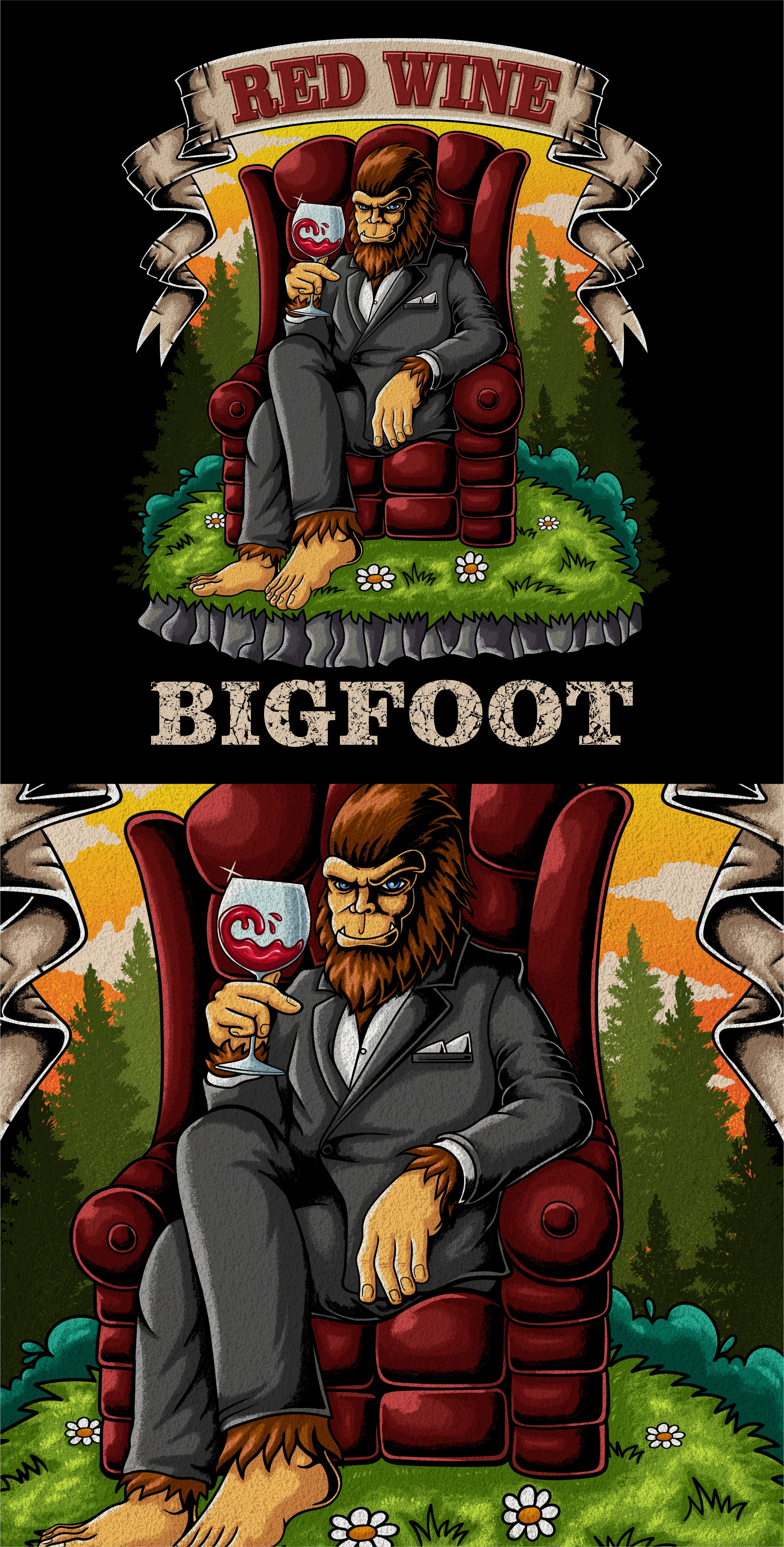 Bigfoot character cool drink red wine illustration ( for sale ) 80s 90s alcohol art artwork bigfoot character cool drink emblem illustration legend logo mascot red wine retro sasquatch sunset t shirt wine