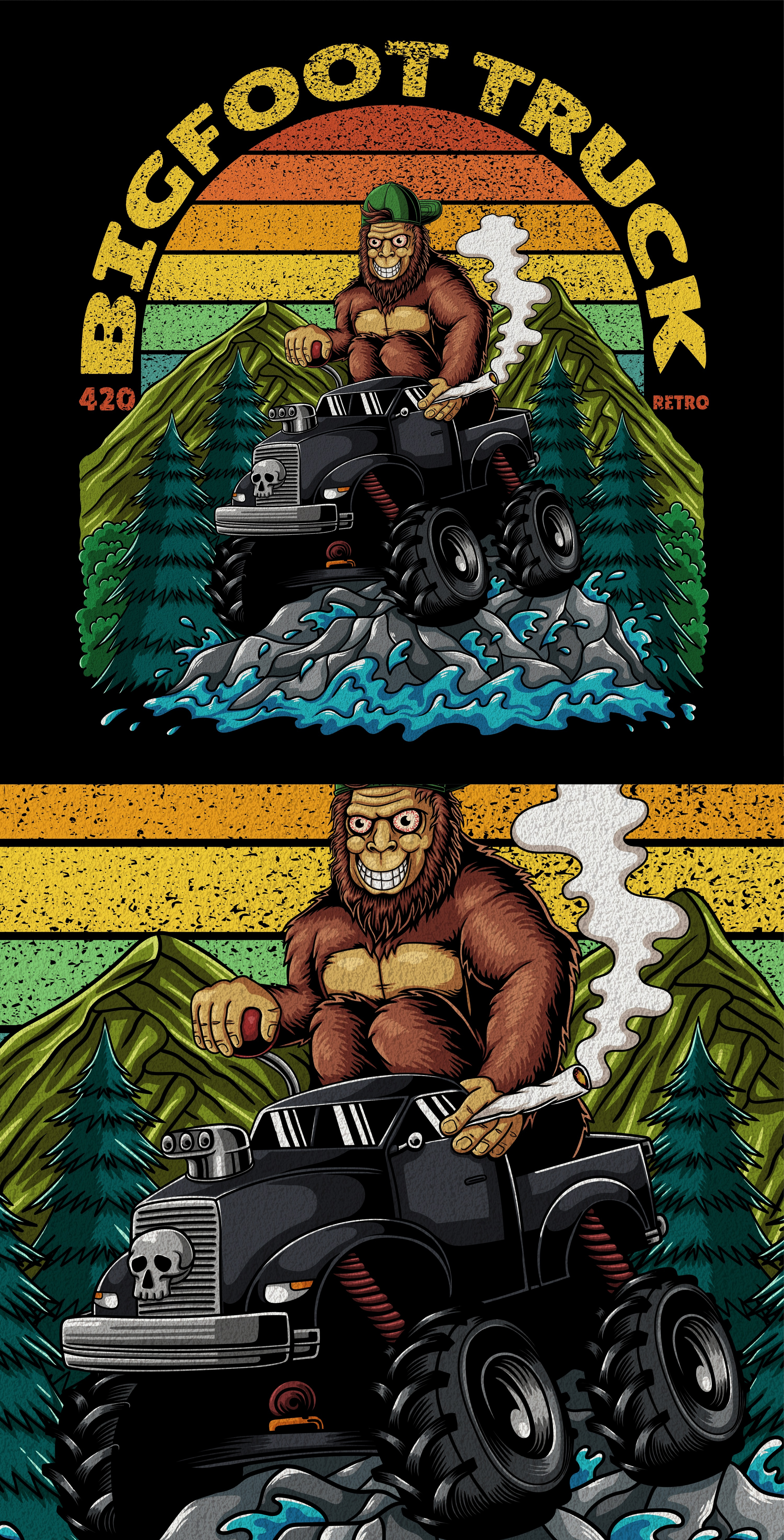 Bigfoot character truck retro illustration ( for sale ) 420 art artwork bigfoot cannabis car crazy design high illustration monster print sasquatch shirt t shirt truck tshirt vector weed