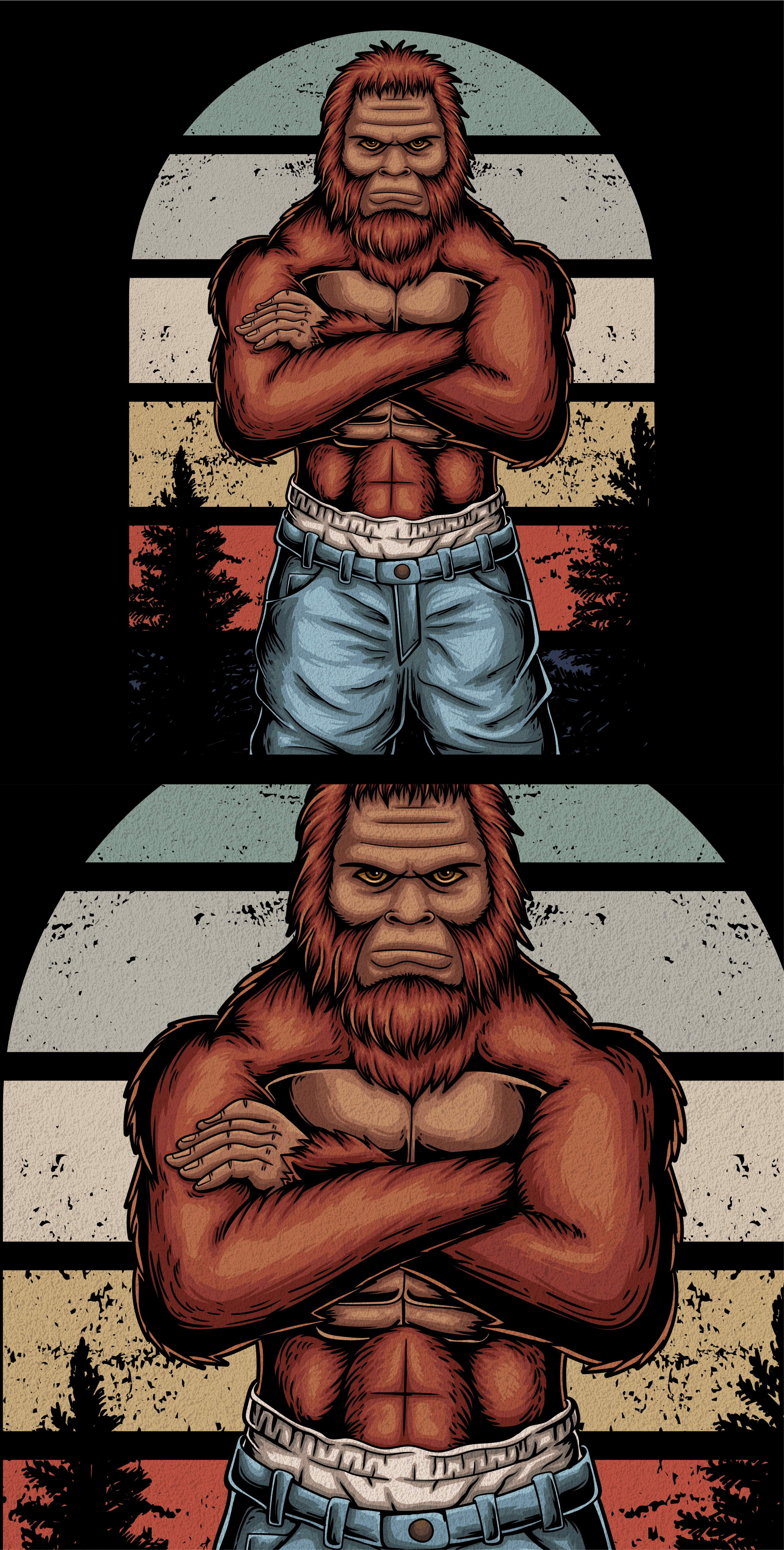Bigfoot character illustration ( for sale ) 80s 90s art artwork bigfoot cool design gang gangster illustration legend nature print retro sasquatch shirt sunset t shirt tshirt vintage