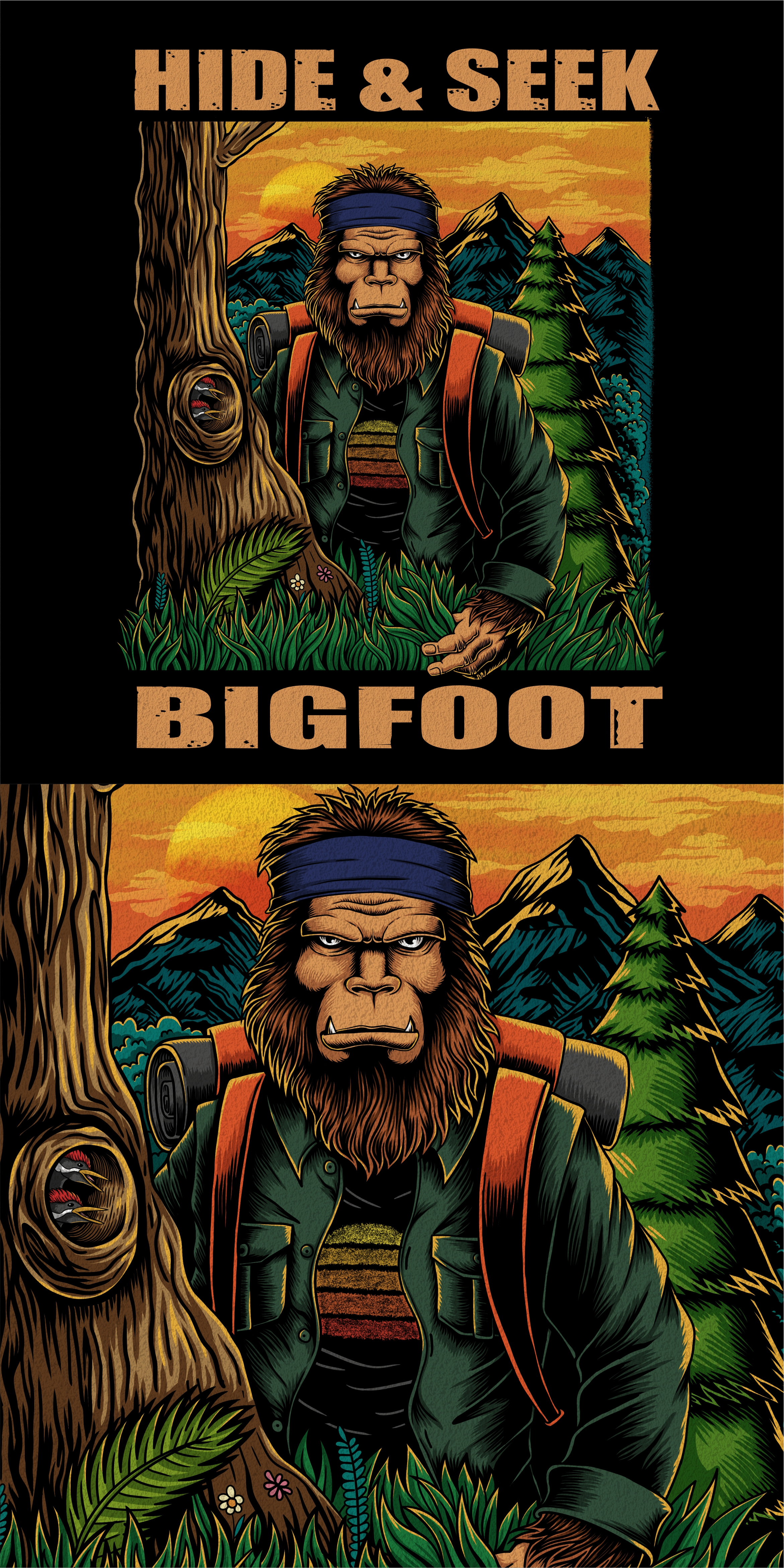Bigfoot adventure hide & seek ( for sale ) 80s 90s adventure art artwork bigfoot classic cool design hide and seek hiking illustration legend monster retro sasquatch t shirt tshirt vintage