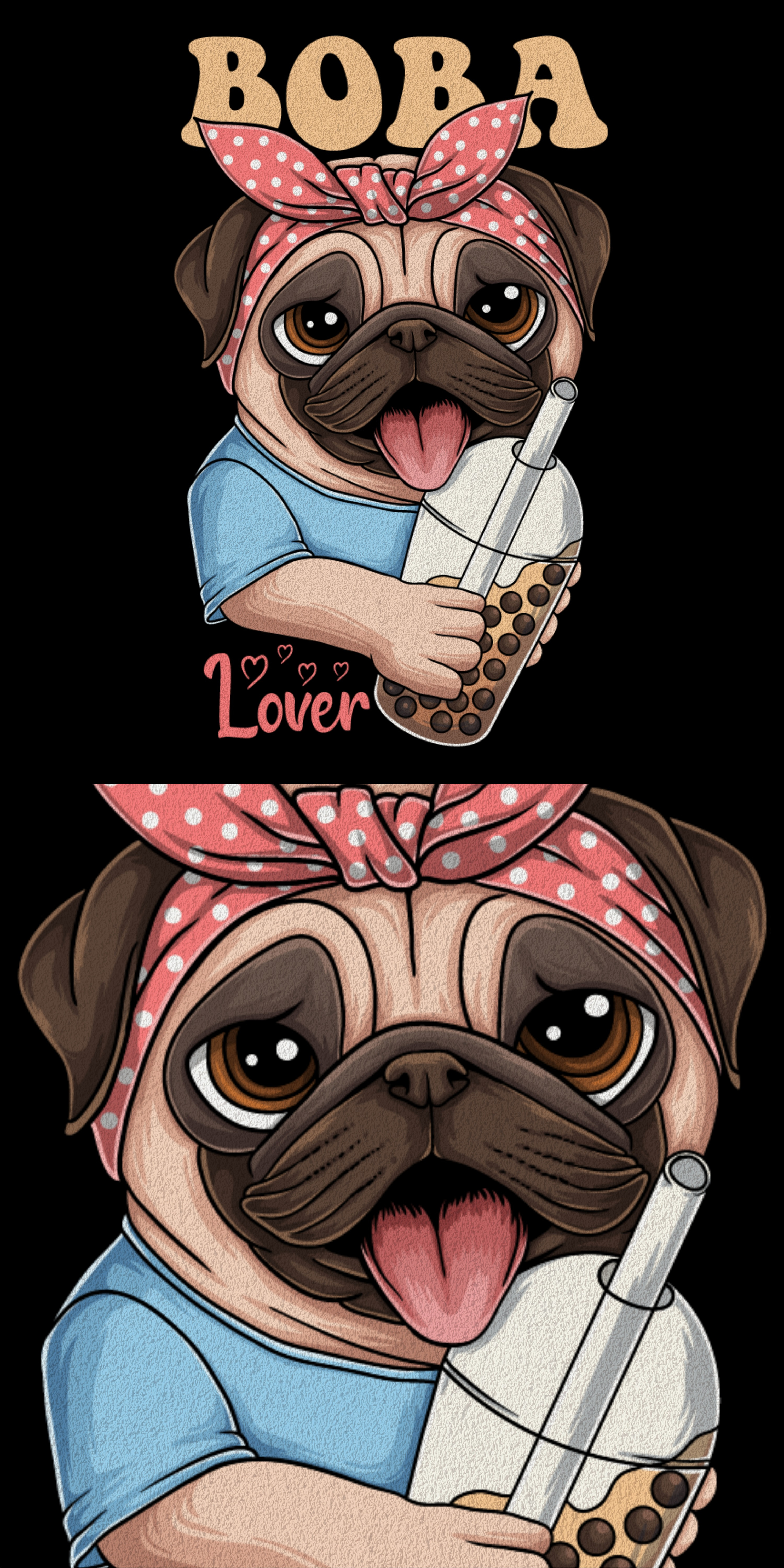 Female pug dog love boba ( for sale ) animal art artwork boba cute design dog drink female girl illustration love pet pug retro shirt sweet t shirt tshirt