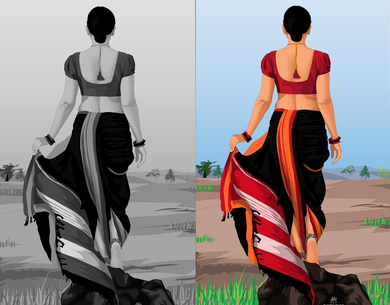 Elegance in Vector Art: Graceful Woman in Saree adobe illustrator cartoon digital art digital artist digital illustration girl graphic design illustration line art portrait painting sumit vector art vector vector artist vector illustration woman is saree