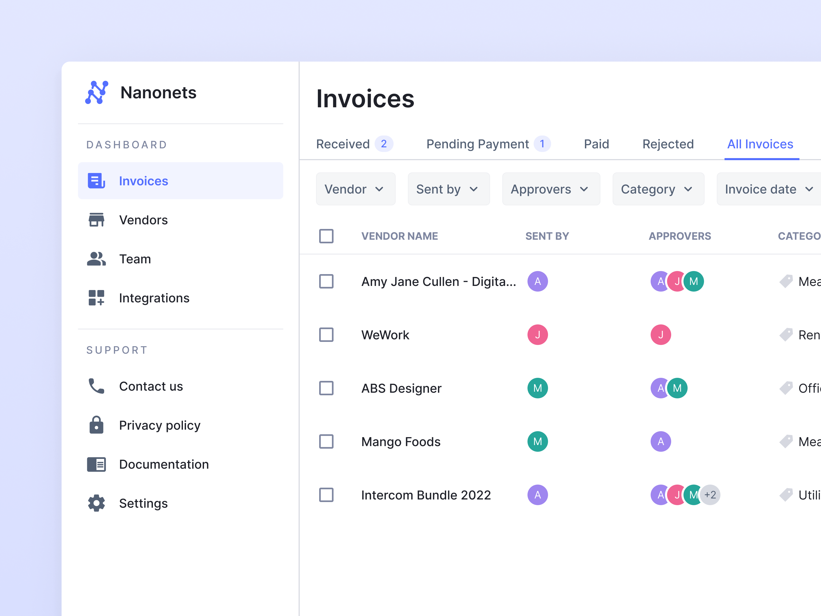 Invoices dashboard blue checkbox clean column dashboard design filter flat invoice list view management minimal nanonets nav bar product design row side bar tabs ui ux
