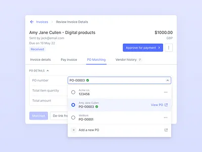 Purchase order matching add blue button checkbox cta design dropdown flat invoice link minimal modal nanonets po purchase order radio select tabs ui ux