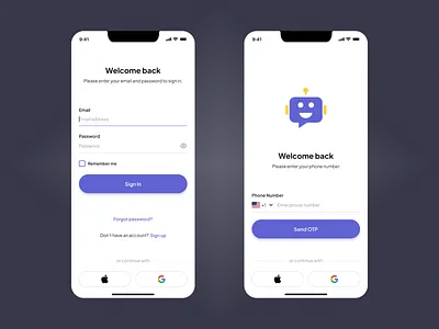 Sign in with password and passwordless login mobile ui otp passwordless sign in sms ui