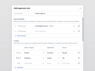 Approval rules add approval approve cards component condition conditional design filter flat input minimal modal nanonets product design remove reviewer rules ui ux