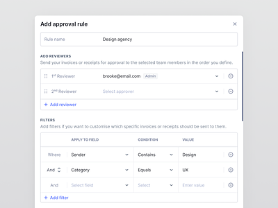 Approval rules add approval approve cards component condition conditional design filter flat input minimal modal nanonets product design remove reviewer rules ui ux