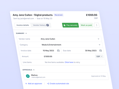 Invoice payment approval button cards component cta design details flat flow inputs invoice minimal nanonets payment product design stage state tabs ui ux