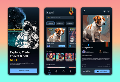Dark UI Space- Themed NFT Trading & Collecting App ui