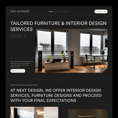 Interior design landing page- visual design architecture branding clean and minimal dark theme furnitures interior design landing page ui user experience ux visual design web design