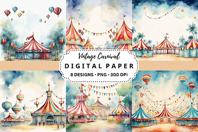 Vintage Carnival Watercolor Backgrounds commercial use art