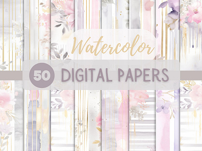 A Bundle of 50 Pastel Seamless Watercolor Digital Paper background botanical illustration floral floral design graphic design illustration light pink pastel pattern soft