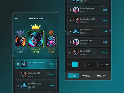 Leaderboard - Mobile Design app dark mode design gamification gaming gaming design leaderboard mobile top 3 ui user ranks ux web