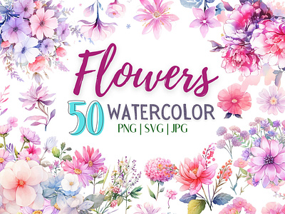 A Bundle of 50 Watercolor Flowers PNG SVG JPG background botanical botanical illustration design floral design flowers illustration nature watercolor