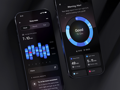 Sleep app app blender chart dark mode design graph health ios iosapp iphone mobile mobileapp phases premium product report sleep stats ui ux
