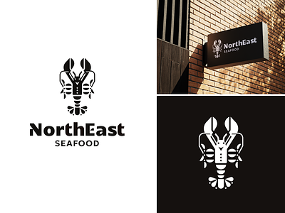 NorthEast black brand branding design elegant fish graphic design illustration lobster logo logo design logotype mark minimalism minimalistic modern monochrome seafood sign white