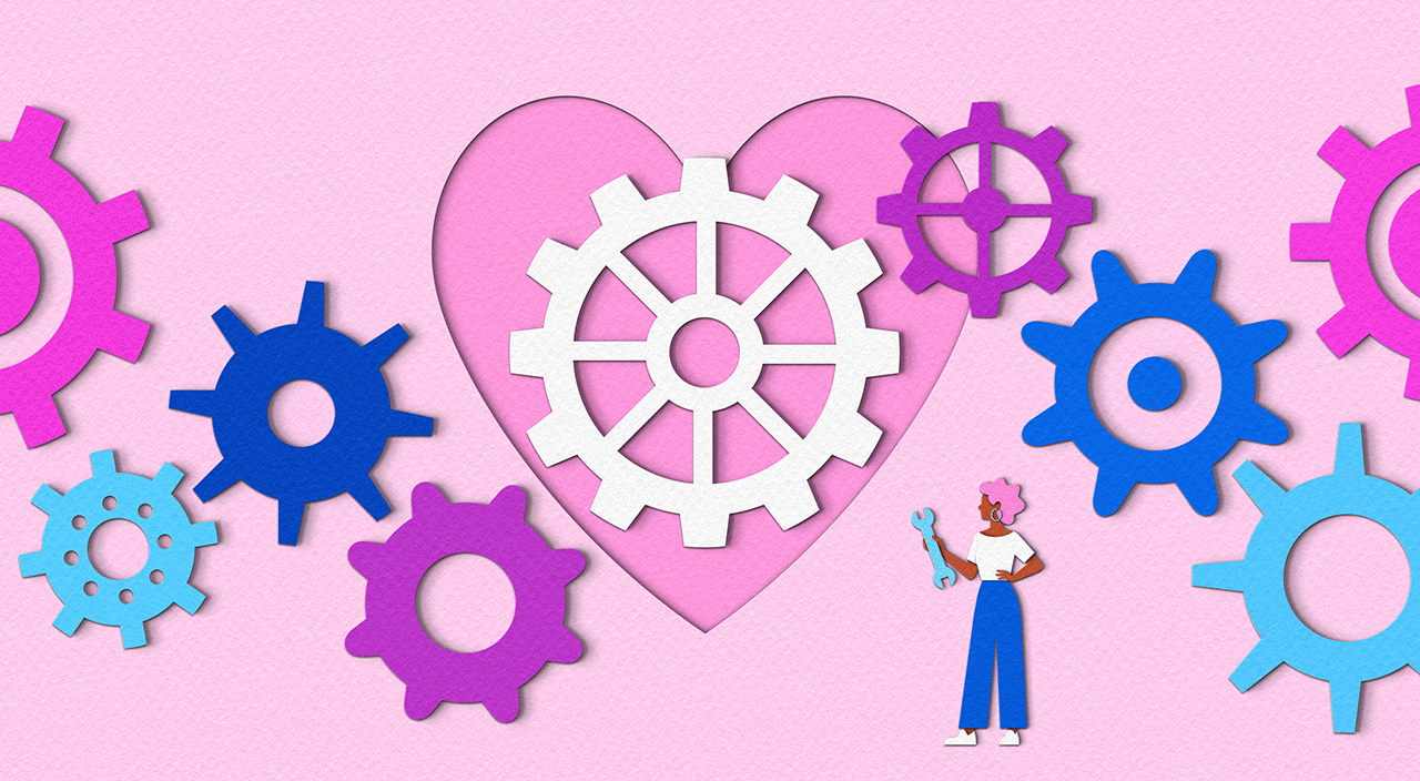 AARP - Engineers Learning Empathy animation cogs design editorial emotions empathy engineer engineering gears gif heart illustration magazine paper art paper craft papercut
